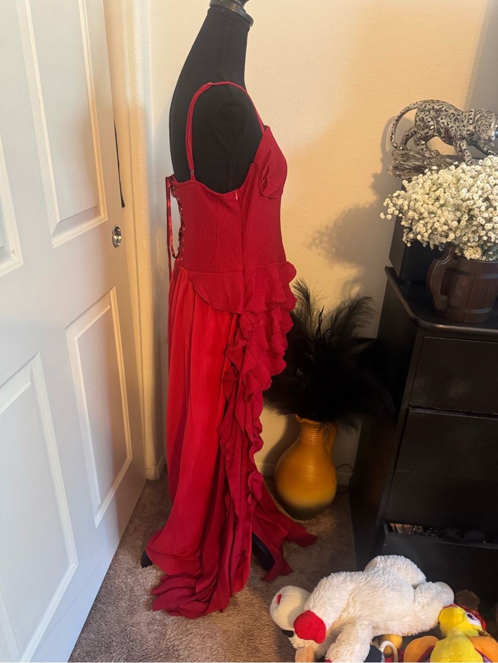 Red Ruffled High-Low Evening Dress - Picture 2 of 3